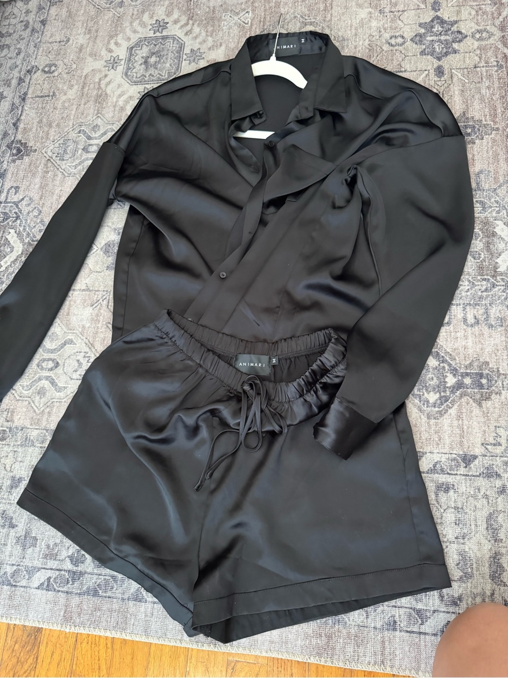 Black Satin Button-Down Shirt & Short Set